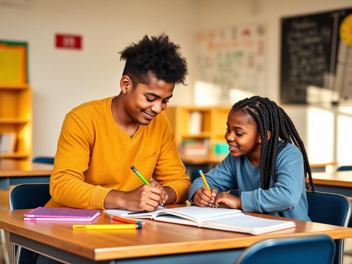 A tutor helping a middle school student with schoolwork at a classroom table