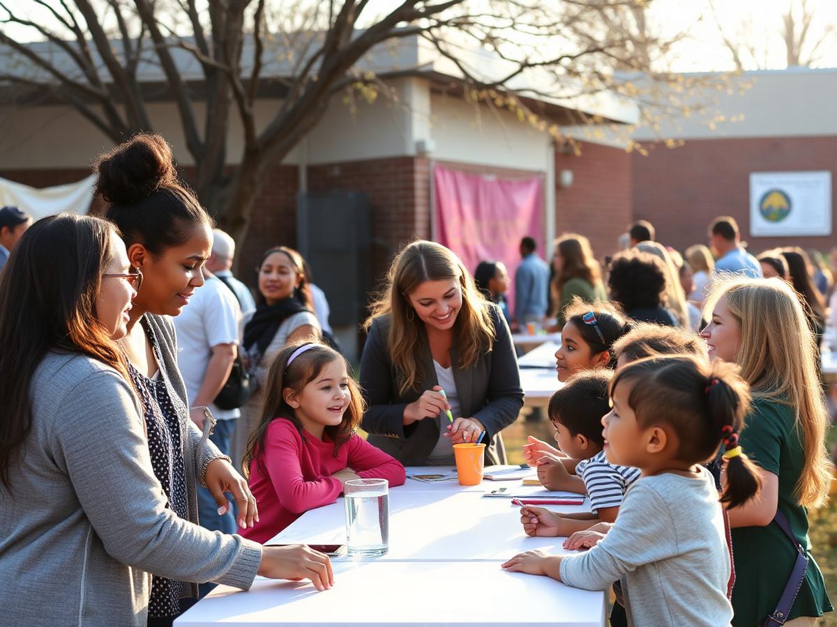 Families and school staff talking together at an outdoor school community event