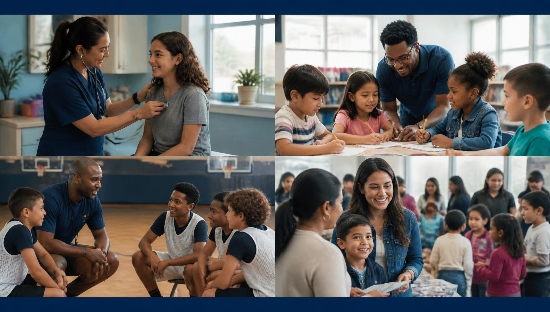 A school nurse, a tutor with students, a youth basketball coach and families at a community event